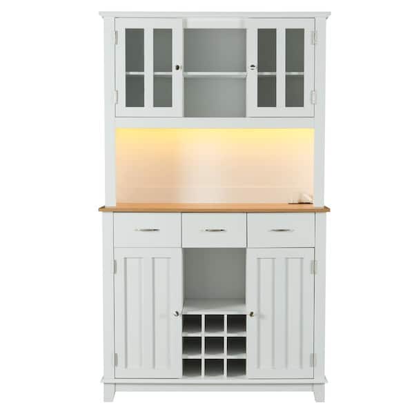 FUNKOL 41.73in*15.74in*70.87in White MDF Kitchen Cabinet with 3 Drawers, LED Socket, Wine Rack and Glass Door