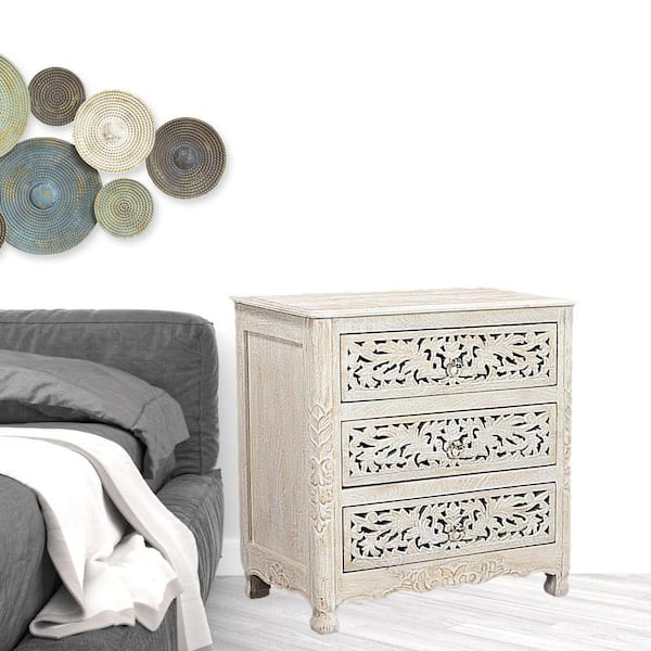 HomeRoots 30 in. Distressed White Three Drawer Floral Carved Solid Wood Nightstand