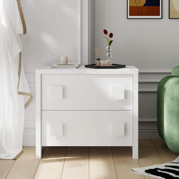 FUFU&GAGA 31.5 in. W x 27.6 in. H White Rectangle Wood End Table, Nightstand, Nesting Table w/ 2-Drawer and Square Handles Design