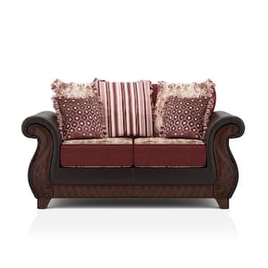 Quartette 72 in. Burgundy and Espresso Faux Leather 2 Seats Loveseats with Pillows