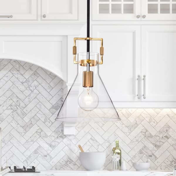 Essence 10 in. 1-Light Contemporary Black and Antique Gold Cone Pendant with Clear Glass Shade