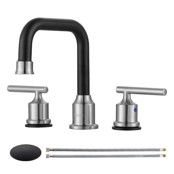 WOWOW 8 in. Widespread Double Handle Bathroom Faucet in Brushed Nickel and Black