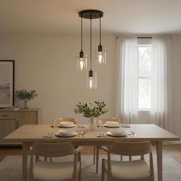 3-Light Black Modern Pendant Light with Clear Glass Shades, E26 Socket Chandelier for Kitchen Island
