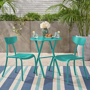 Teal 3-Piece Metal Outdoor Bistro Set Patio Dining Set with Round Table for Garden, Backyard, Balcony and Poolside