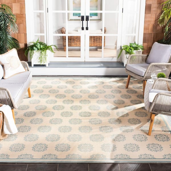 Beach House Cream/Aqua 8 ft. x 10 ft. Geometric Indoor/Outdoor Patio  Area Rug