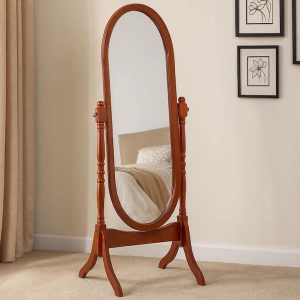 Brown 23 in. W x 59 in. H Oval Standing Cheval Mirror with Frame Turned Posts