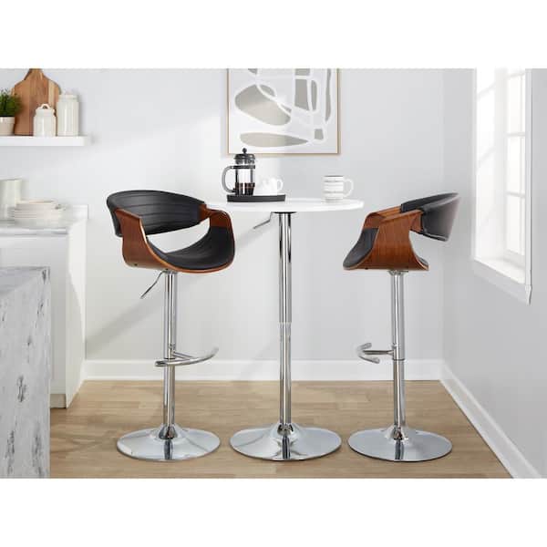 Lumisource Symphony 32.5 in. Black Faux Leather, Walnut Wood and Chrome Metal Adjustable Bar Stool (Set of 2)