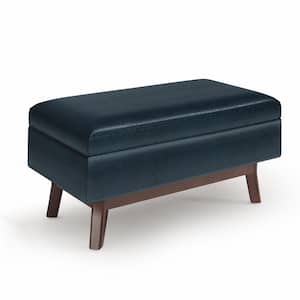 Owen 36 in. Wide Mid Century Modern Rectangle Small Rectangular Storage Ottoman in Distressed Dark Blue Faux Leather
