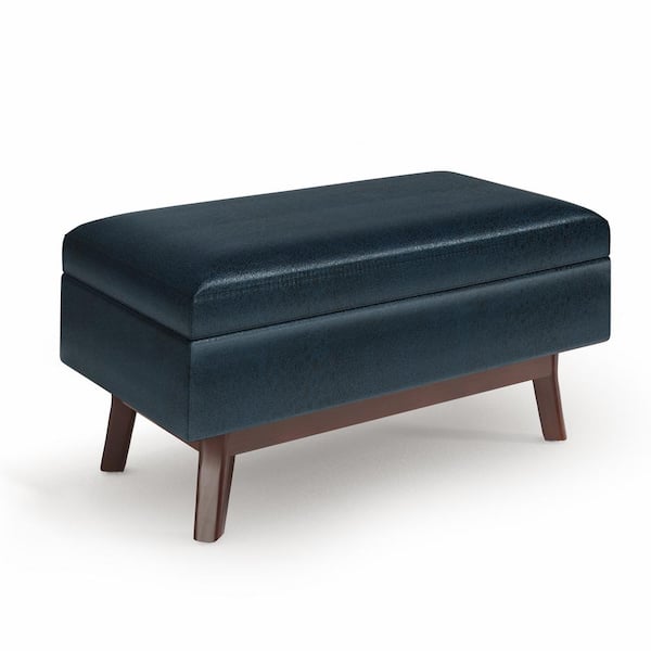 Simpli Home Owen 36 in. Wide Mid Century Modern Rectangle Small Rectangular Storage Ottoman in Distressed Dark Blue Faux Leather