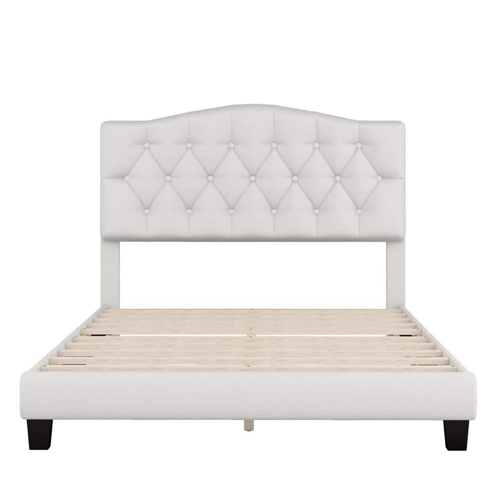 anpport Beige Wood Frame Full Upholstered Platform Bed with Saddle ...