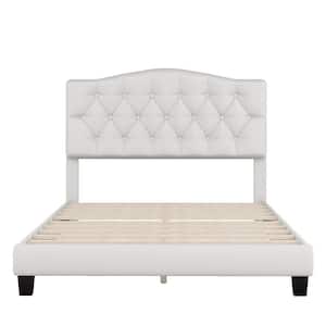 Beige Wood Frame Full Upholstered Platform Bed with Saddle Curved Headboard