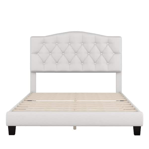 anpport Beige Wood Frame Full Upholstered Platform Bed with Saddle Curved Headboard