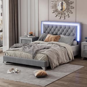 Gray Wood Frame Full Size Velvet Platform Bed with Tufted Headboard and LED Lights