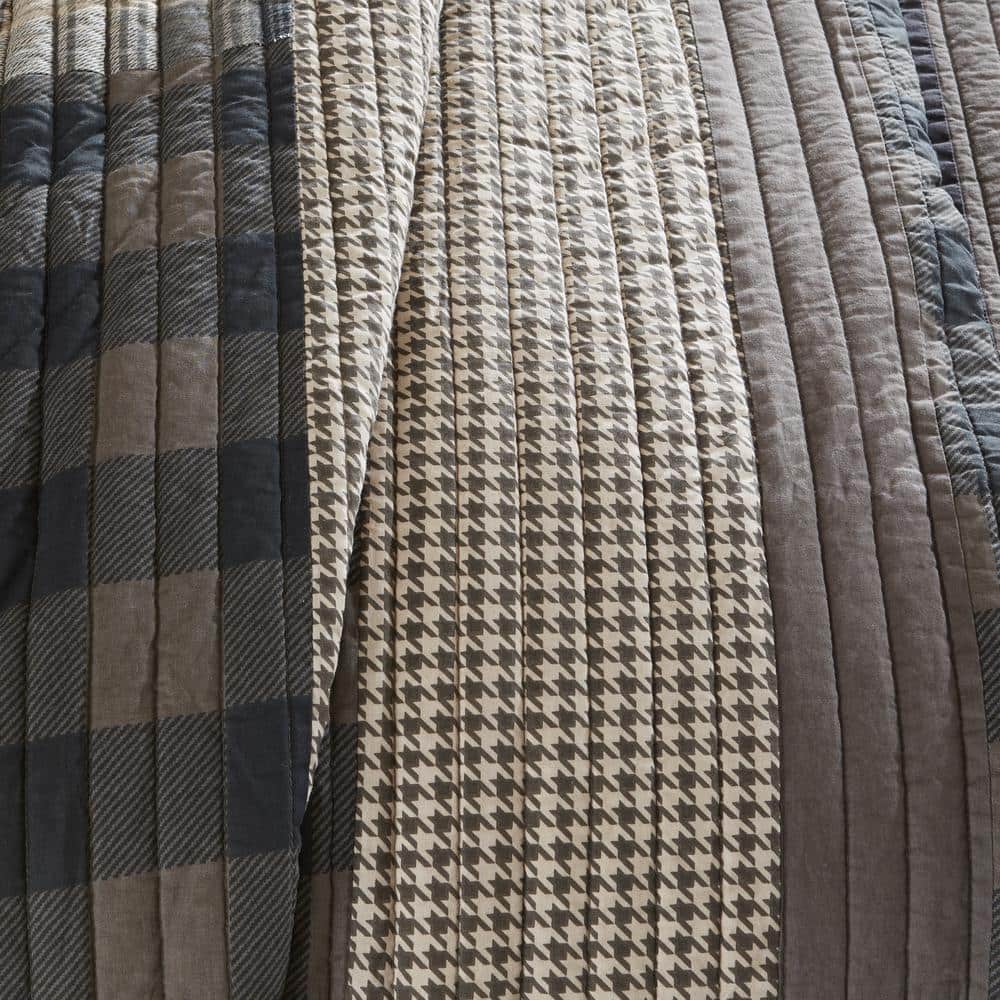Full Brown Cotton Reversible Quilt Set with Plaid Stripes