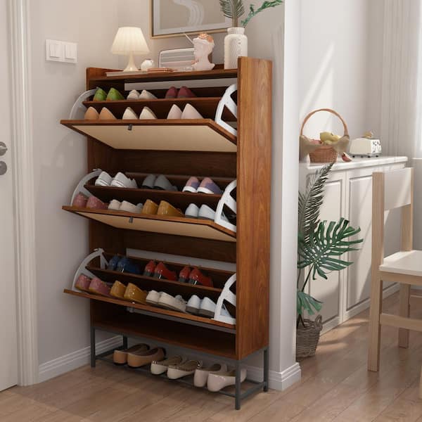 ATHMILE Walnut Wooden Shoe Storage Cabinet with Triple-Tier Flip