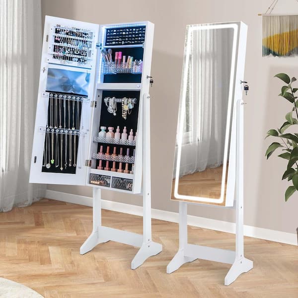 White Wood LED Mirror Jewelry Cabinet Organizer 16 in. Jewelry Armoire Standing with Built-in 3 Color Light