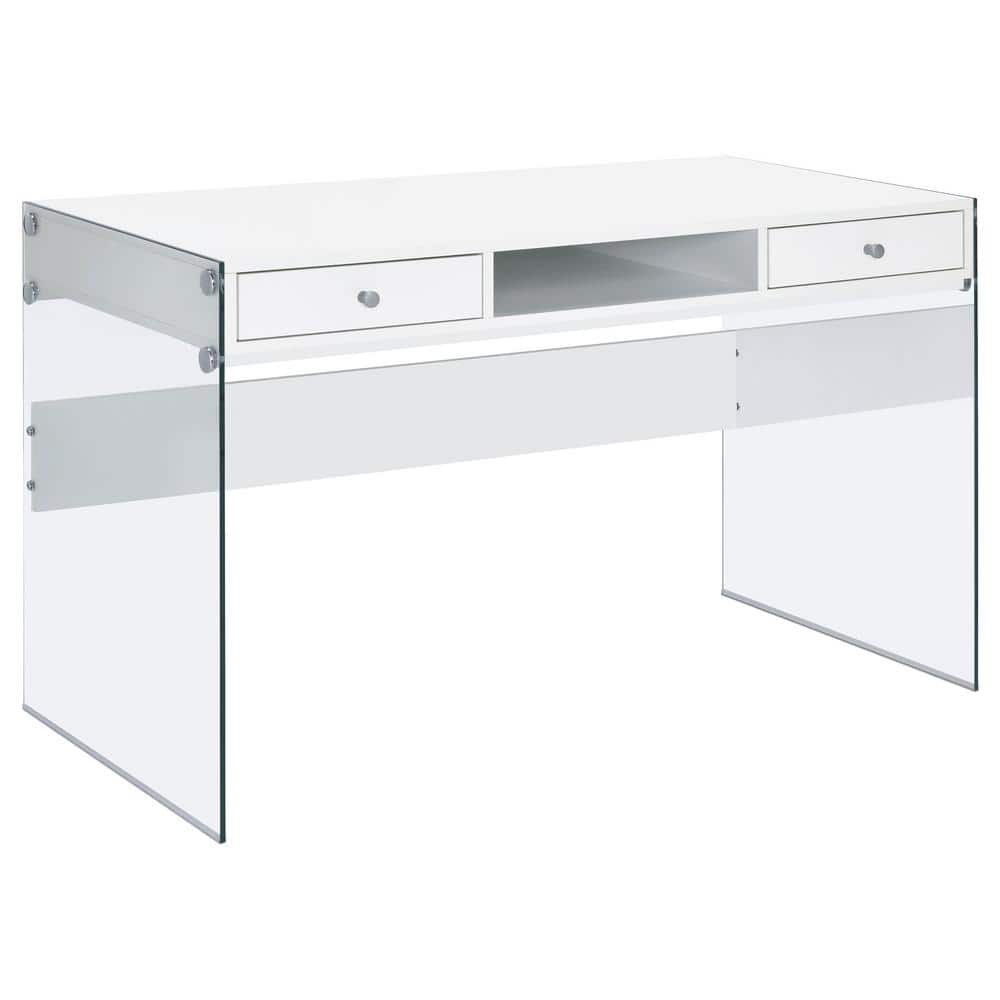 Contemporary Glossy White Home Office Desk with Tempered Glass Supports