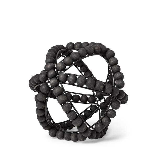HomeRoots 9 in. Black Wooden Bead And Metal Orb Sculpture