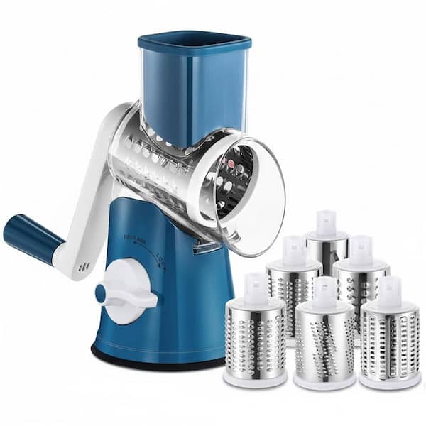 Blue Rotary Cheese Grater with 5 Stainless Steel Blades and Handle, Upgraded Lock Base for Fast Shredding