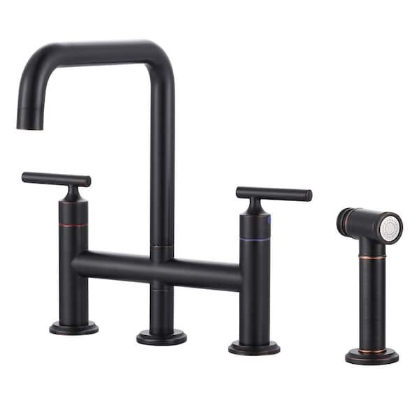 Deck Mount Double Handle Brass Bridge Kitchen Faucet with Pull-Out Side Sprayer in Oil Rubbed Bronze