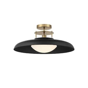 Gavin 20 in. W x 9 in. H 1-Light Matte Black with Warm Brass Accents Semi-Flush Mount and Opal Glass Shade