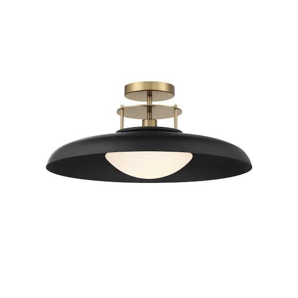 Savoy House Gavin 20 in. W x 9 in. H 1-Light Matte Black with Warm Brass Accents Semi-Flush Mount and Opal Glass Shade