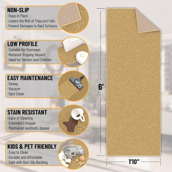 Basics Collection Non-Slip Rubberback Modern Solid Design 2 x 6 Indoor Runner Rug, 1 ft. 10 in. x 6 ft., Beige