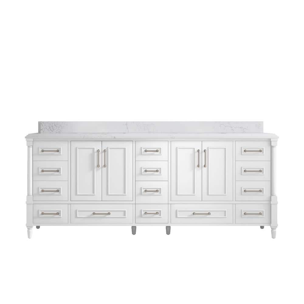 Hudson 84" White Solid Wood Double Sink Freestanding Vanity with Quartz Top