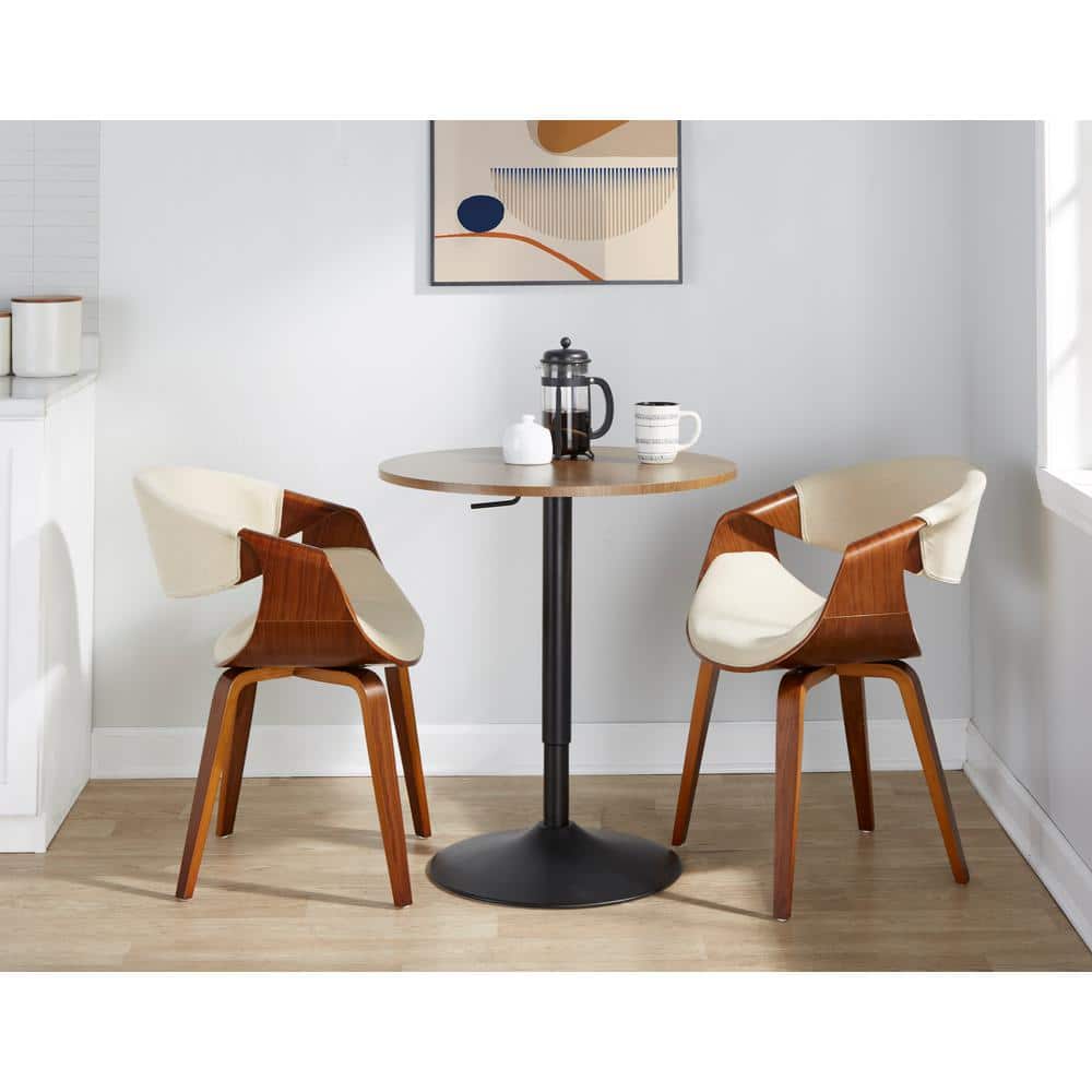 Adjustable Round Walnut Wood and Black Metal Bar Table