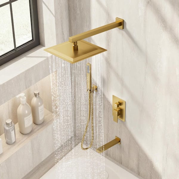 Dual Handle 3-Spray 10 in. Wall Mount Shower Faucet 2.5 GPM with Pressure Balance in Brushed Gold (Valve Included)