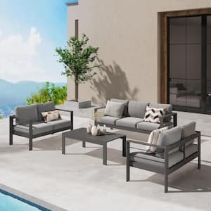 Grey 4-Piece Aluminum Patio Conversation Set with Dark Grey Cushions