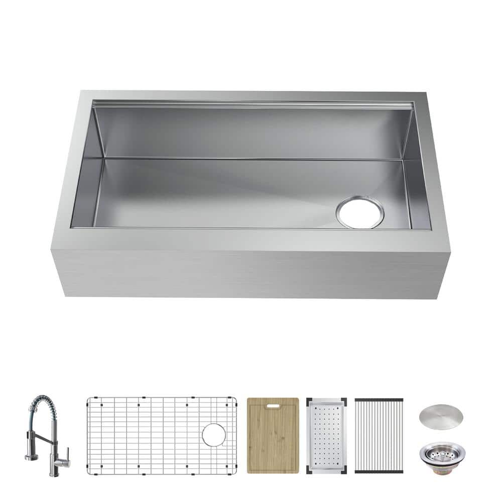 Glacier Bay Professional 33 in. Farmhouse/Apron-Front 16G Stainless Steel Single Bowl Workstation Kitchen Sink, Spring Neck Faucet, Silver