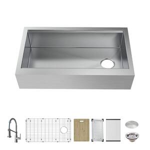 Zero Radius Farmhouse/Apron-Front 16G Stainless Steel 33 in. Single Bowl Workstation Kitchen Sink, Spring Neck Faucet