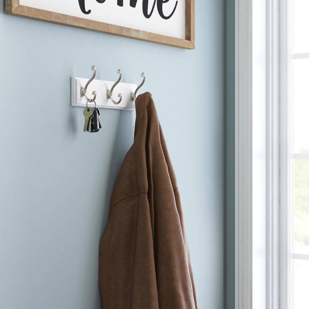 10-inch White and Satin Nickel Scroll Hook Rack