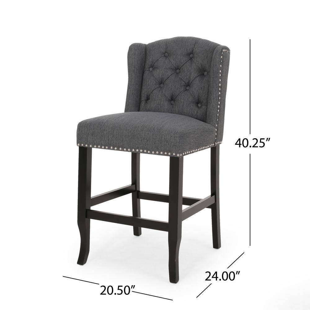 Elegant Charcoal Polyester Wingback Counter Stool Set, Dark Brown Wood