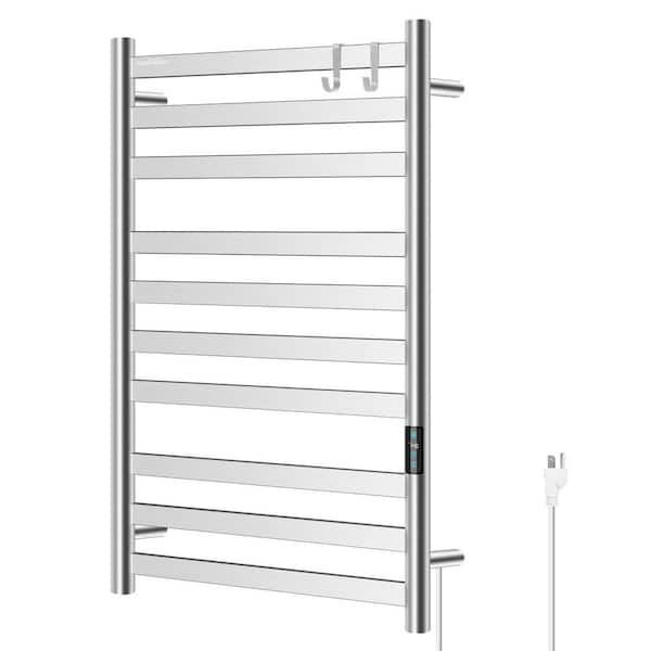 1 Electric Heated Towel Rack in Nickel, Wall Mounted with LED Timer, Stainless Steel, Fast Heating for Bathroom