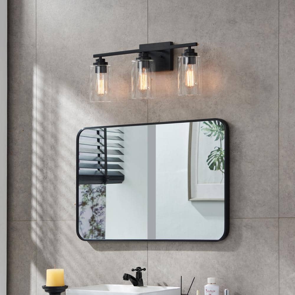 Black 3-Light Modern Cylinder Vanity Light with Glass Shades