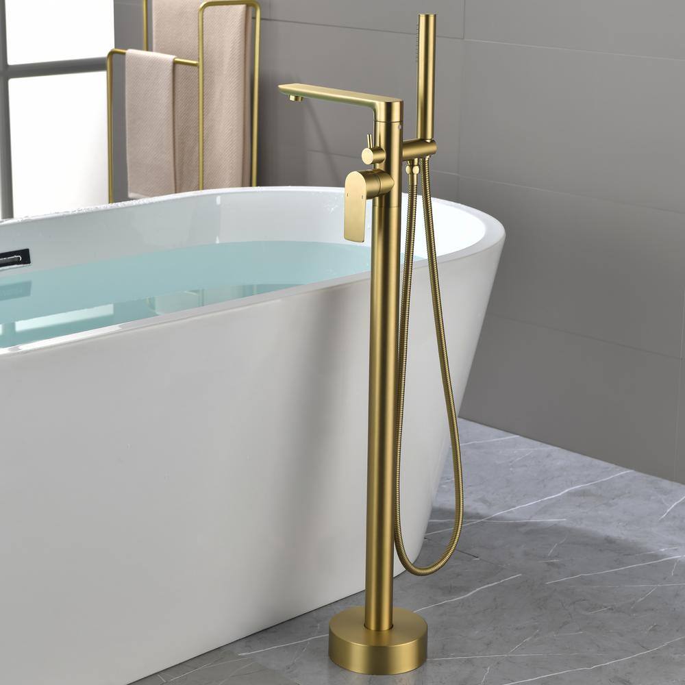 Brushed Gold Freestanding Tub Filler Faucet with Handheld Shower