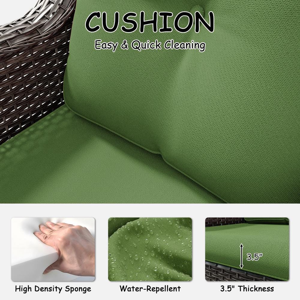 Green Cushioned Wicker Swivel Rocking Chair Set with Table
