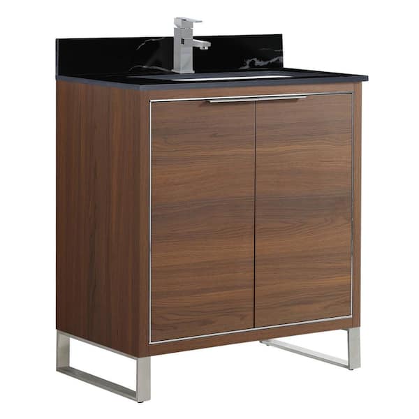 FINE FIXTURES Opulence 30 in. W x 18 in. D x 33.5 in. H Bath Vanity in Walnut Ebony with Black Marble Single sink Top