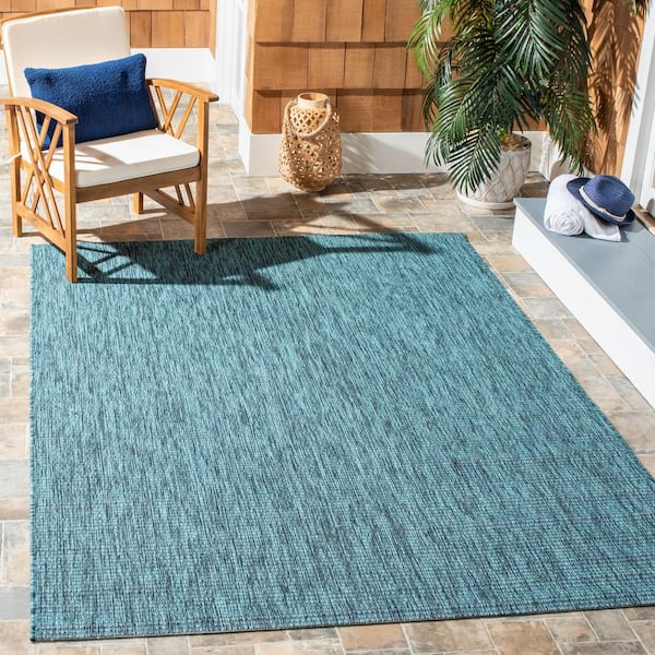 Courtyard Gray/Aqua 7 ft. x 7 ft. Abstract Distressed Indoor/Outdoor Patio  Square Area Rug