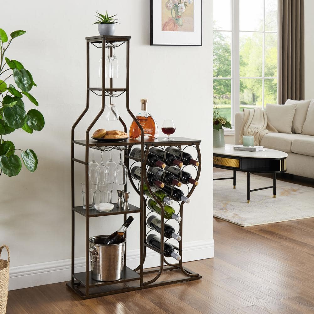 11-Bottle Gray Wine Rack 5 Tier Freestanding Wine Baker Rack with Hanging W