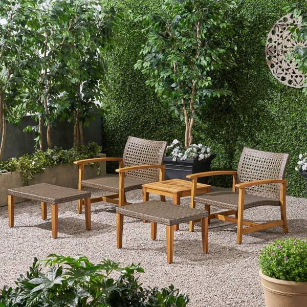 Noble House Hampton Mixed Mocha Piece Wood Patio Conversation Seating Set The Home Depot