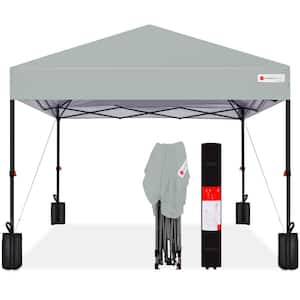 8 ft. x 8 ft. Silver Pop Up Canopy w/1-Button Setup, Wheeled Case, 4 Weight Bags