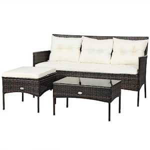 3-Piece Wicker Outdoor Sectional Set with 5 White Seat and Back Cushions