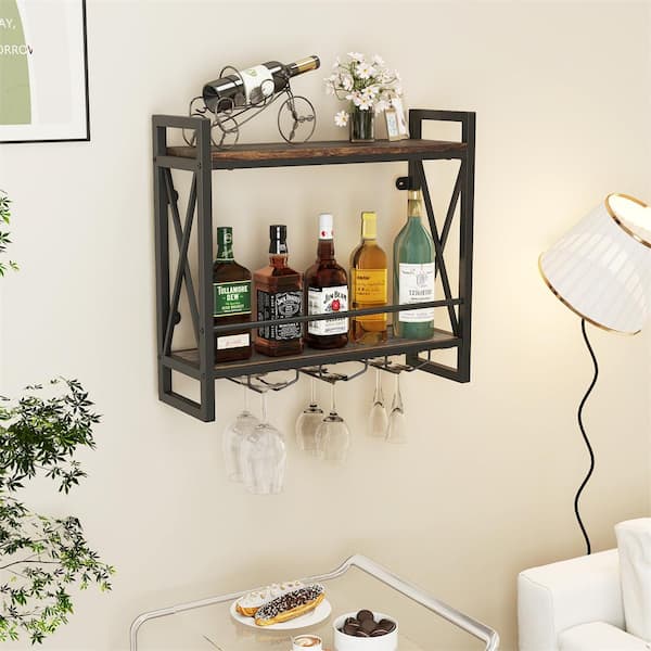 14-Bottle Wall Mounted Wine Rack Industrial 2-Tier Wood Shelf with 3 Stem Glass Holders