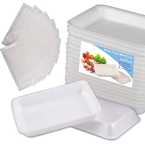 White Foam Disposable Meat Tray 25pcs Pack with Absorbent Pad, Standard Supermarket Food Tray, Leakproof