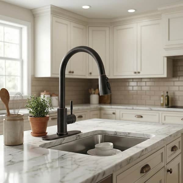 15.3 in. Deck-Mount Single-Handle 360° Pull-Down Sprayer Kitchen Faucet in Oil Rubbed Bronze