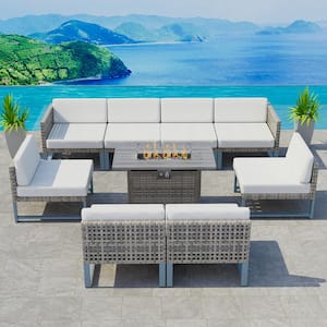 9-Piece Brown Wicker Patio Conversation Set, 50000 BTU Gas Fire Pit Table with Windshield and Gray Cushions