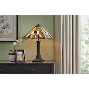 Fallsdale 24 in. 2-Light Matte Black Table Lamp with Tiffany Glass Shade